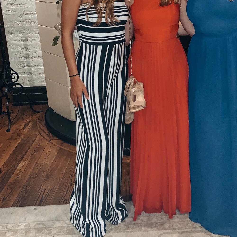 Navy and White Striped Strapless Jumpsuit